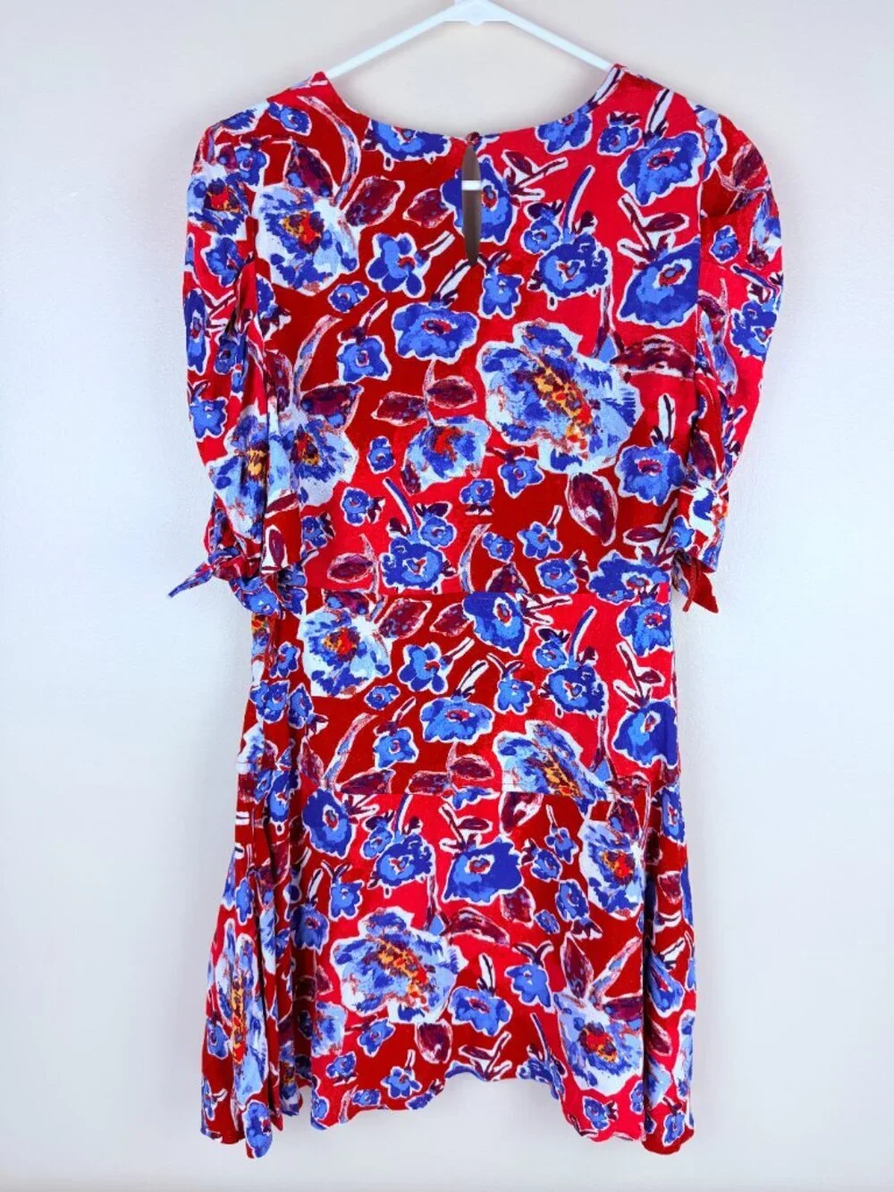 Free People Red Blue Painterly Floral Feminine Short Sleeve Mini Dress